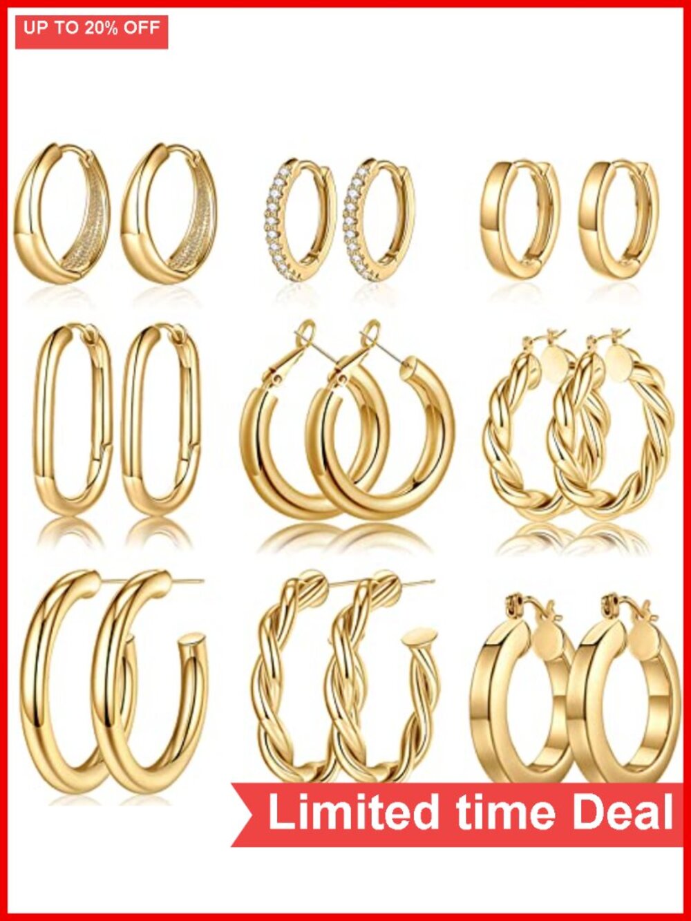 9 Pairs 14K Gold Plated Chunky Hoop Earrings Set Hypoallergenic Lightweight